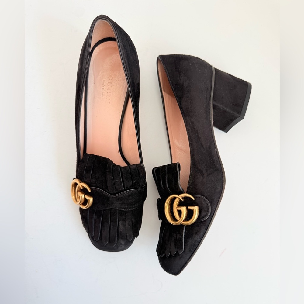 Gucci Black Suede Leather Marmont GG Fringe 55mm Loafer Pumps EU 37.5 - Picture 1 of 11